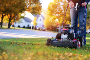 Mowing the grass with a lawn mower in fall