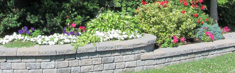 Landscape design with multiple levels and a stone retaining wall