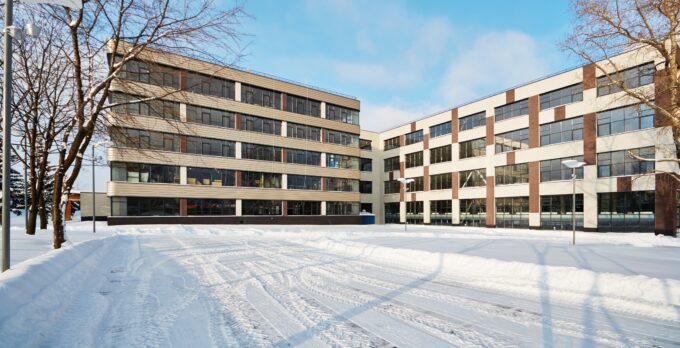 Modern commercial building on bright winter day
