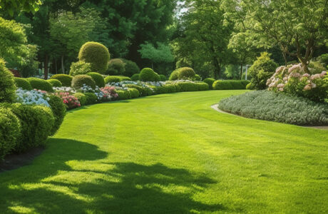 Well-manicured lawn and trimmed shrubs improving a home's exterior appearance